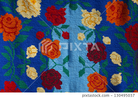 Slavic embroidered towels. National Ukrainian or Belarusian ethnic patterns on the fabric. 130495037