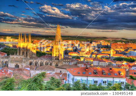 Burgos aerial view skyline sunset with Cathedral 130495149