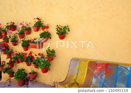 Burgos colorful facade with flower plants pots 130495159