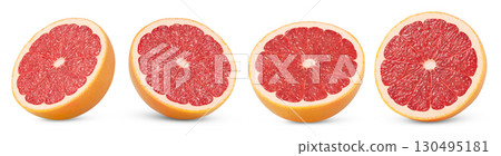 Grapefruit halves isolated. Half of pink grapefruit with clipping path. Citrus piece collection cut out. Grapefruit halves isolated. Half of pink grapefruit with clipping path. Citrus piece collection cut out. 130495181