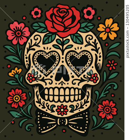 Sugar skull. Decorative skull surrounded with flowers. Mexican Day of the Dead. Vector ornate illustration 130495205