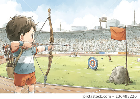A scene of an archery player aiming at a target 130495220