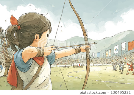 A scene of an archery player aiming at a target 130495221