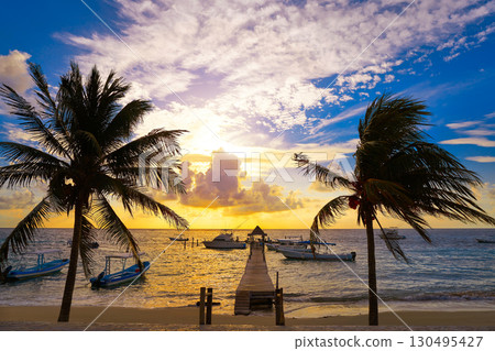Riviera Maya sunrise pier Caribbean Mexico 130495427