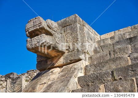 Chichen Itza snake head Yucatan Mexico 130495479