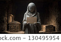 Female mummy wrapped in bandages holding blank wooden sign for text and message in ancient tomb. Creepy Halloween background. Mockup with ghost 130495954