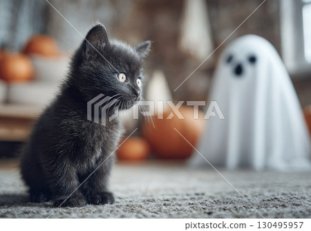 Cute black kitten sitting in living room decorated for Halloween with pumpkins and ghost in the background. Spooky and festive fall design idea. 130495957
