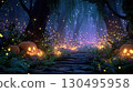 Enchanted forest path glowing with jack-o-lanterns and sparkling lights, creating a magical Halloween night atmosphere full of mystery and wonder 130495958