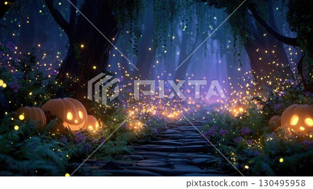 Enchanted forest path glowing with jack-o-lanterns and sparkling lights, creating a magical Halloween night atmosphere full of mystery and wonder 130495958