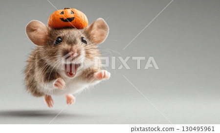 Joyful jumping mouse in tiny pumpkin hat, in air on light background with copy space, celebrating Halloween with adorable and festive expression. 130495961