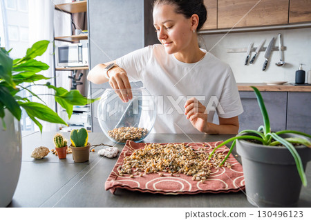 Young woman pouring stones into a glass container while preparing a terrarium. Concept of mindful crafting, eco-friendly lifestyle and home plant design. 130496123