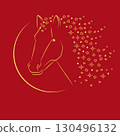 Symbol of Chinese New Year 2026. Lunar calendar animal, horse zodiac sign. Gold horse with a mane of snowflakes on red background. Greeting card design 130496132