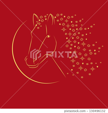 Symbol of Chinese New Year 2026. Lunar calendar animal, horse zodiac sign. Gold horse with a mane of snowflakes on red background. Greeting card design Symbol of Chinese New Year 2026. Lunar calendar animal, horse zodiac sign. Gold horse with a mane of snowflakes on red background. Greeting card design 130496132