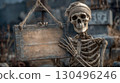 Creepy skeleton holding a blank wooden sign for text in a spooky graveyard setting. Perfect for Halloween messages, haunted invitations, or darkly humorous announcements 130496246
