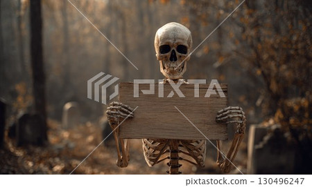 skeleton showing blank wooden sign in gloomy cemetery. Halloween party invitation mockup 130496247