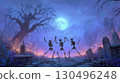 Group of skeletons dancing a cheerful dance among graves in a cemetery under a full moon. Funny illustration, Halloween background 130496248