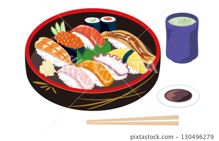 帶有壽司桶和茶的日本料理套裝插圖 130496279
