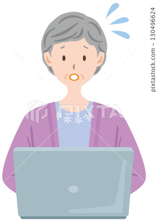 Elderly woman having trouble using a computer due to unauthorized login 130496624