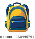 Colorful yellow and blue backpack with multiple compartments on white background 130496791