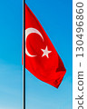Turkish national flag waving in the wind against a clear blue sky. Patriotism, identity, and national pride. 130496860