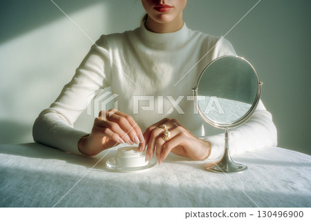 A woman is sitting at a table with a white plate of cream and a mirror A woman is sitting at a table with a white plate of cream and a mirror 130496900