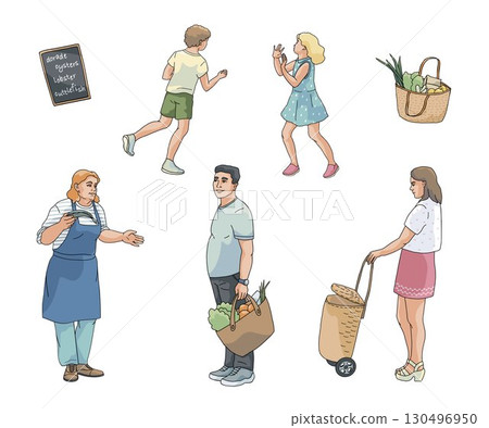 standing isolated peoples shopping at a fish market , man with shopping bag, girl with shopping trolley, woman vendor , kids, hand drawing vector illustration standing isolated peoples shopping at a fish market , man with shopping bag, girl with shopping trolley, woman vendor , kids, hand drawing vector illustration 130496950