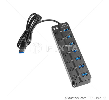 USB 3.0 7-Port Hub with Power Buttons on White Background 130497135