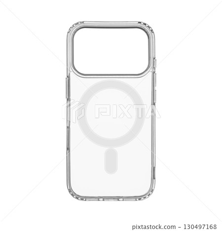 Clear soft silicone case with magnetic ring for smartphone model 17 Pro, isolated on white Clear soft silicone case with magnetic ring for smartphone model 17 Pro, isolated on white 130497168