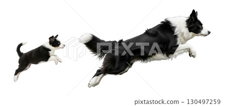 A Border Collie puppy and adult dog leap gracefully in mid-air, demonstrating their agility and playful spirit. The isolated background highlights their energetic movement and bond. 130497259