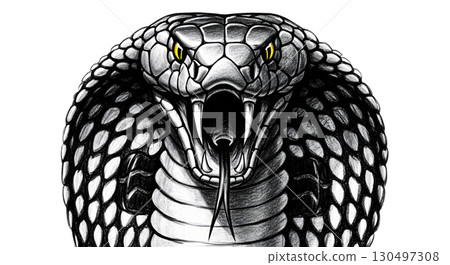A cobra snake displays an intense and menacing posture, featuring intricate scales and brightly colored eyes. This isolated figure captures the beauty and danger of this distinct species. A cobra snake displays an intense and menacing posture, featuring intricate scales and brightly colored eyes. This isolated figure captures the beauty and danger of this distinct species. 130497308