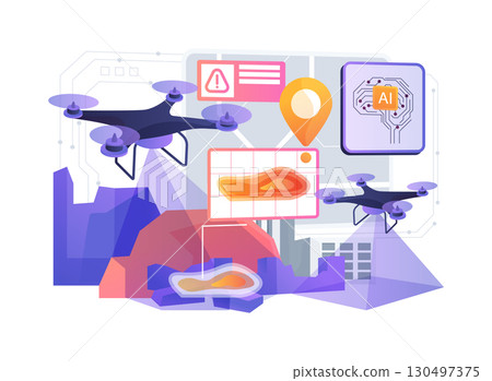 AI-Integrated Drone-Based Disaster Surveying abstract concept vector illustration. 130497375