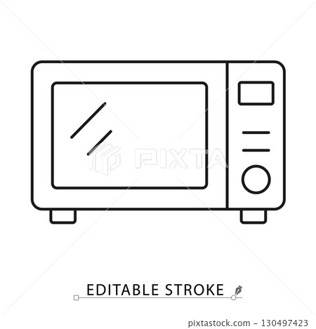Microwave oven line icon with control panel and front window. Minimal outline style representing kitchen appliance, heating food, cooking or modern home electronics. 130497423