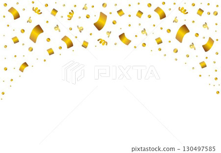 Gold falling serpentine and confetti background in arc shape. Shiny aesthetic banner. Vector festive sparkling golden backdrop 130497585