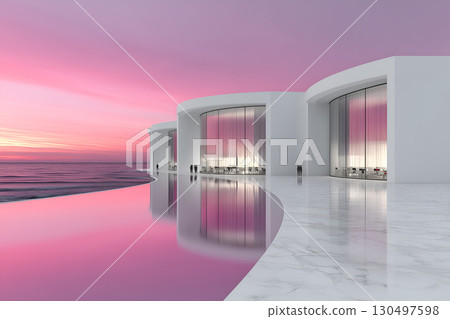 Modern Curved Architecture by Reflective Water at Sunset 130497598