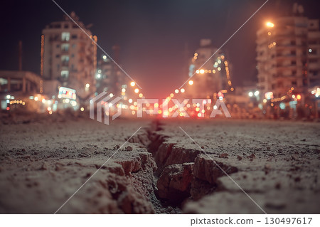 Cracked City Road at Night with Lights and Buildings 130497617