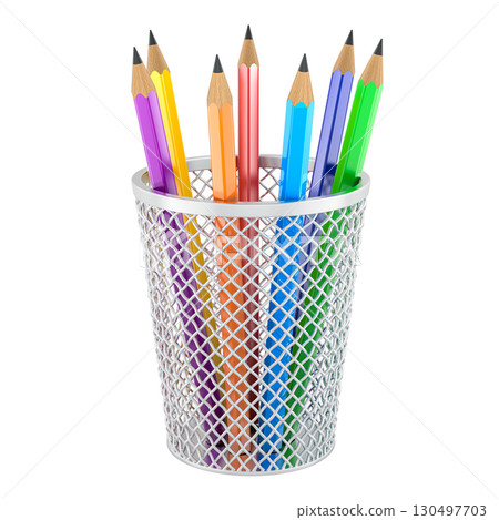 Pencil holder with colorful pencils. 3D rendering Pencil holder with colorful pencils. 3D rendering 130497703