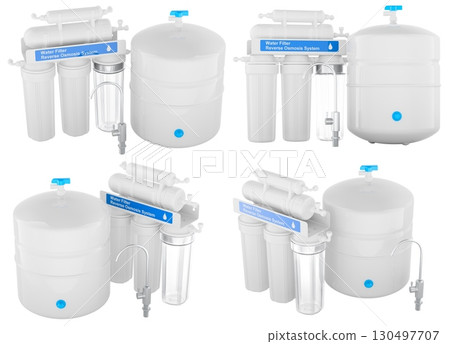 Reverse osmosis water filter systems, multiple angles. 3D rendering 130497707