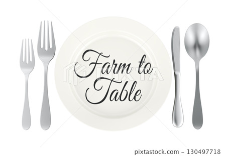 Farm to Table, plate with cutlery. 3D rendering Farm to Table, plate with cutlery. 3D rendering 130497718