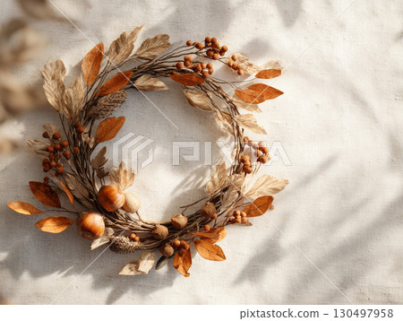handmade autumn wreath crafted from dried leaves, twigs, and acorns handmade autumn wreath crafted from dried leaves, twigs, and acorns 130497958