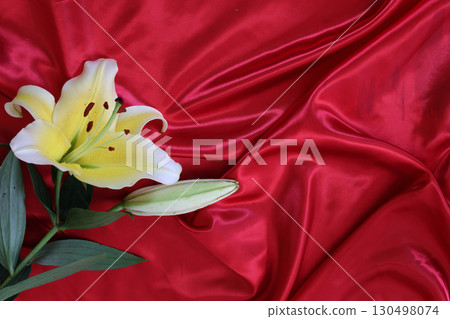 Lilies on red satin fabric background 130498074