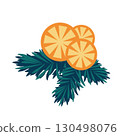 Conifer branches with orange. Christmas composition. Vector illustration for holiday cards, winter designs, and seasonal branding. Pine cone, spruce, fir tree branches. 130498076