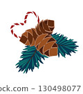 Coniferous branches with pine cones and lollipops in white and red stripes. Christmas composition. Vector illustration for holiday cards, winter designs and seasonal branding. Pine cone, spruce, fir 130498077