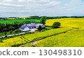 Amazing  drone view on Rapeseed bloom in agricultural fields in Odense region 130498310