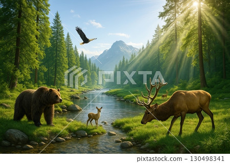 A breathtaking landscape with lush green forests, clean river, wild animals living freely, blue skies, sunlight beams shining through the trees, celebrating the beauty of Earth, ultra-realistic 130498341