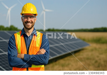 Solar power plant. Man standing near solar panels. Renewable energy. Copy space, for banner ads 130498343