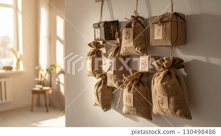 Handmade advent calendar hanging on the wall 130498486