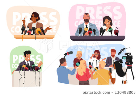 Politicians giving press conference to auditorium group of journalists isolated cartoon scene set 130498803