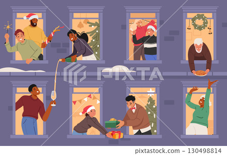Christmas people neighbors in window sharing greetings and congratulating with winter holiday 130498814