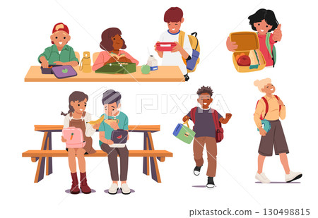 Happy elementary age school children having breakfast enjoying lunch feeling hungry isolated set Happy elementary age school children having breakfast enjoying lunch feeling hungry isolated set 130498815