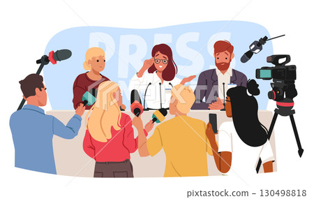Team of businesspeople at press conference table giving interview to crowd reporters scene Team of businesspeople at press conference table giving interview to crowd reporters scene 130498818